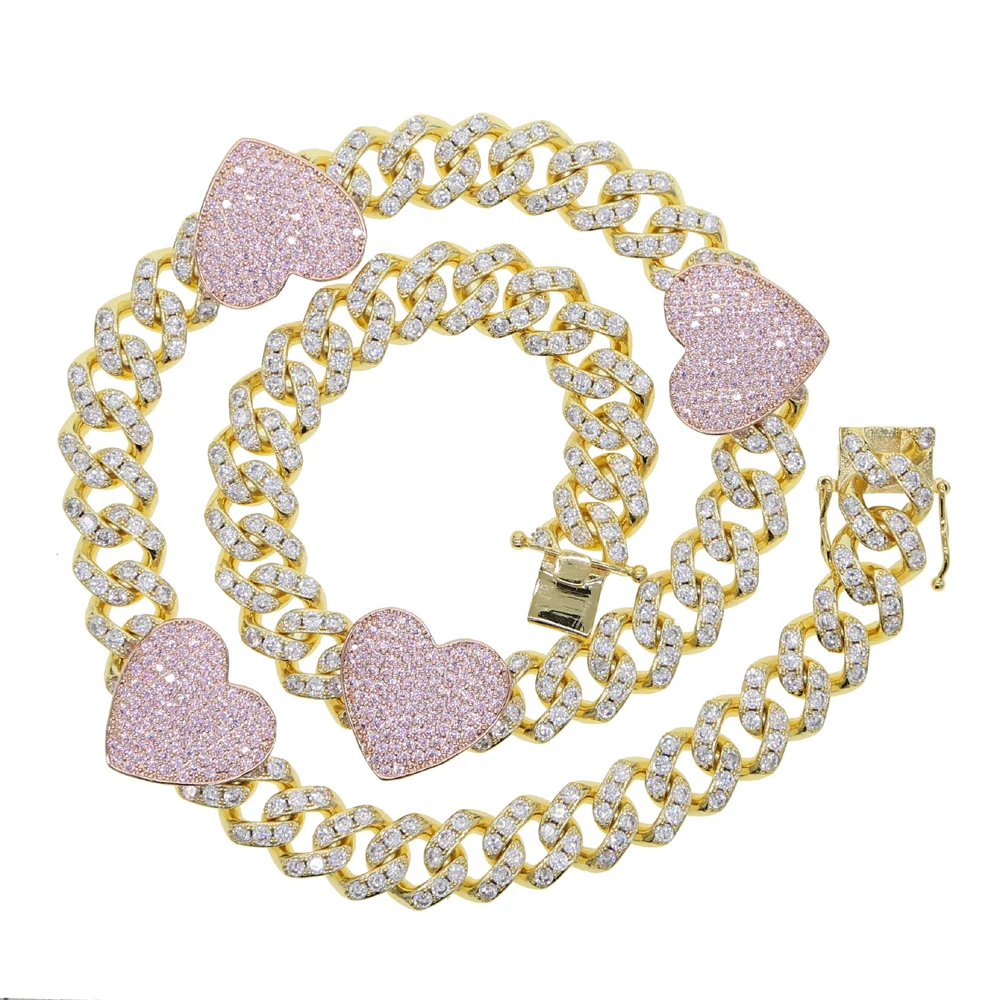 Cuban Link Chain 12Mm - New 12mm Width Pink Heart Iced