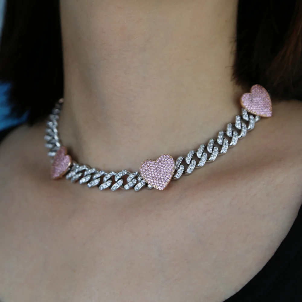 New 12mm Width Pink Heart Iced - đánh giá và giá Cuban Link Chain 12Mm